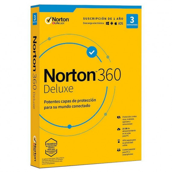 NORTON 360 Deluxe, 1 Usuario, 3 Dispositivos, 1 Año (licencia Electrónica) - 25GB
