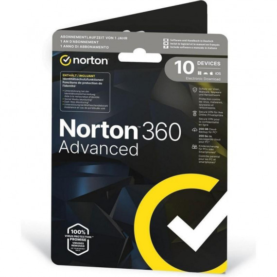 NORTON 360 Advanced 200GB 1 Usuario 10 Dispositivos 1 Año Licencia Electrónica