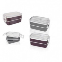 Fiambrera Plástica Thermosport, 2 Niveles (375+475ml) con Utensilios
