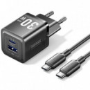 Cargador de Pared VENTION Gan Usb-c + Usb-a 30W Negro con Cable Usb-c 1M Negro
