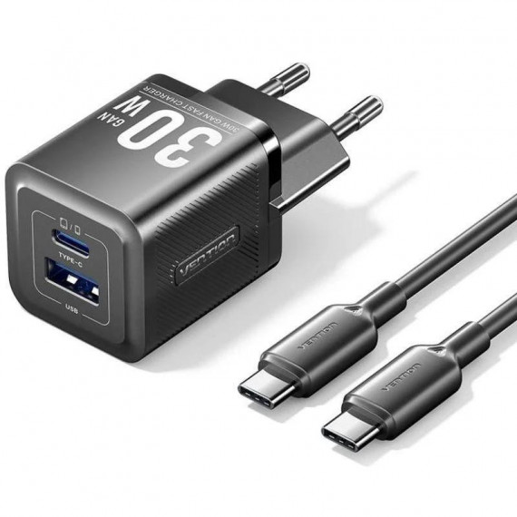 Cargador de Pared VENTION Gan Usb-c + Usb-a 30W Negro con Cable Usb-c 1M Negro