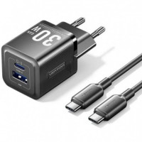 Cargador de Pared VENTION Gan Usb-c + Usb-a 30W Negro con Cable Usb-c 1M Negro