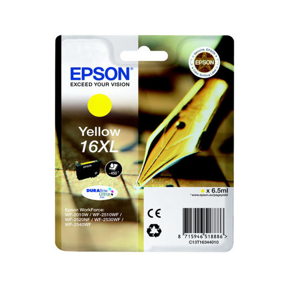 Tinta EPSON Amarilla Workforce WF-2010W / 2510WF / 2520NF / 2530WF / 2540WF, Alta Capacidad (450 Págs.) (T163440)