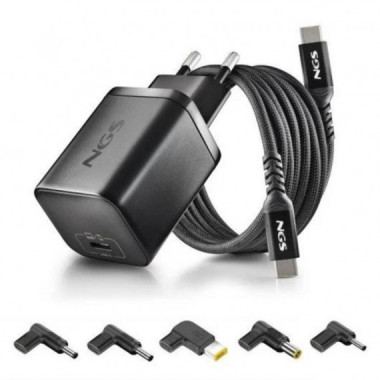Cargador de Port&aacute;til NGS BUD GaN USB-C 65W con 5 Conectores y Cable USB-C 1.5M Negro