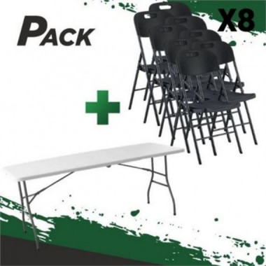 Pack Mesa de Resina Plegable 180x70x74cm + 8 Sillas Plegables Pro Sungarden
