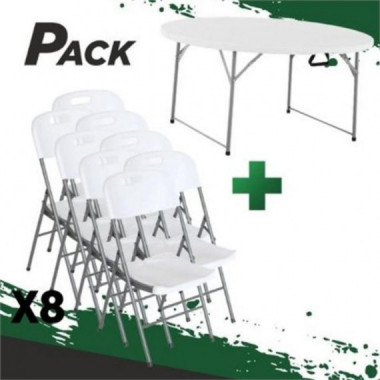 Mesa de Resina Redonda Plegable Sungarden 160x74 + 8 Sillas Pro