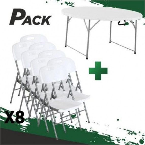 Mesa de Resina Redonda Plegable Sungarden 160x74 + 8 Sillas Pro