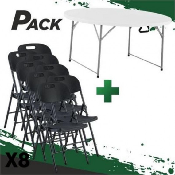 Pack Sungarden: Mesa Redonda Plegable de Resina 160cm + 8 Sillas Pro Negras