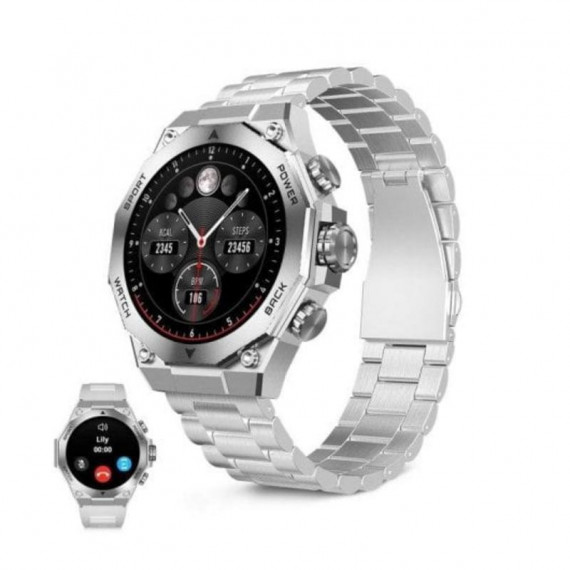 Smartwatch Ksix Titanium con Pantalla AMOLED 1.43", Llamadas y Doble Correa Plateado