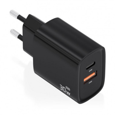 CARGADOR AISENS GAN 30W 1XUSB-C PD3.0 QC4.0 1XUSB-A QC3.0 NEGRO