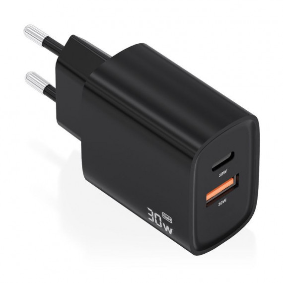 CARGADOR AISENS GAN 30W 1XUSB-C PD3.0 QC4.0 1XUSB-A QC3.0 NEGRO