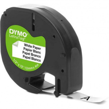 Cinta de Etiquetas Dymo LetraTag 12mm x 4m, Texto Negro sobre Blanco