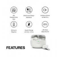 JBL Auricular BLUETOOTH Wave Beam Blanc con Estuche de Carga ,control por Voz,resistente Al Agua 32H