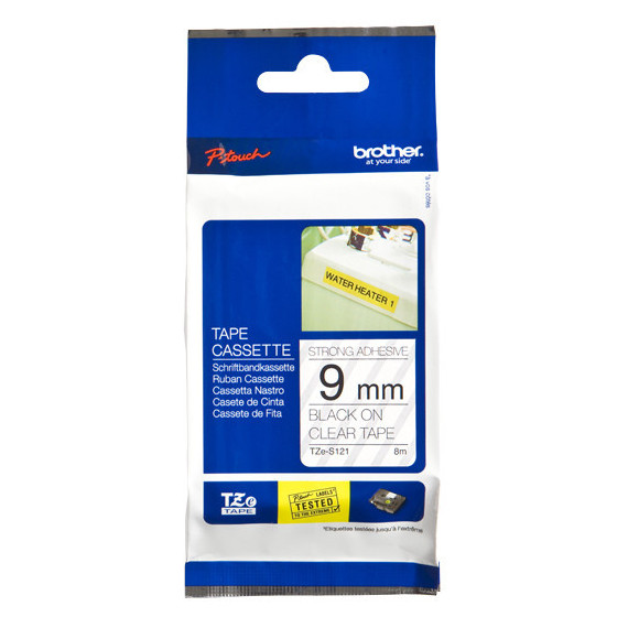 Cinta BROTHER P-touch Laminada Superadhesiva Negro sobre Transparente 9MM 8M (TZS121)