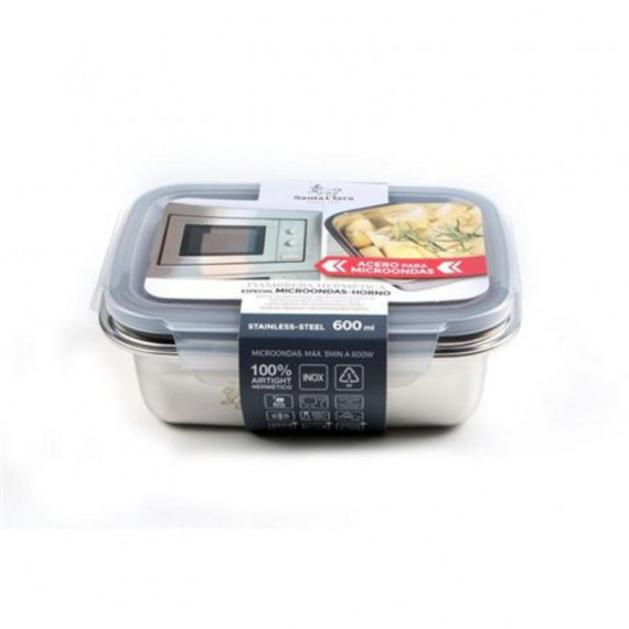 Fiambrera Rectangular de Acero Inoxidable Santa Clara 0,6L, Apta para Microondas y Horno