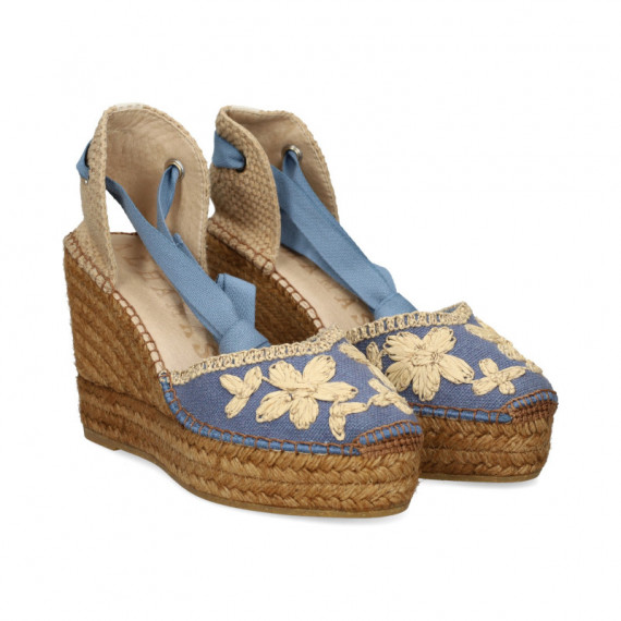 ALPARGATA CUÑA YUTE FLORES RAFIA AZUL