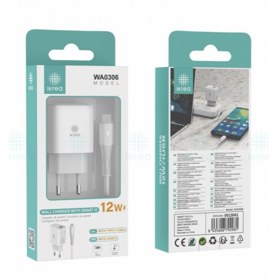 Cargador Rápido Ikrea 1 Puerto USB-A con Cable Type-C 12W Blanco WA0306