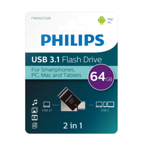 Pendrive PHILIPS USB Flash Drive 3.1 64GB 2 en 1 Type-c + USB