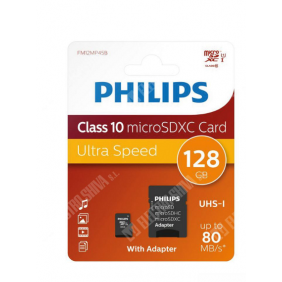 Tarjeta Memoria PHILIPS Micro Sd 128GB Clase 10 con Adaptador