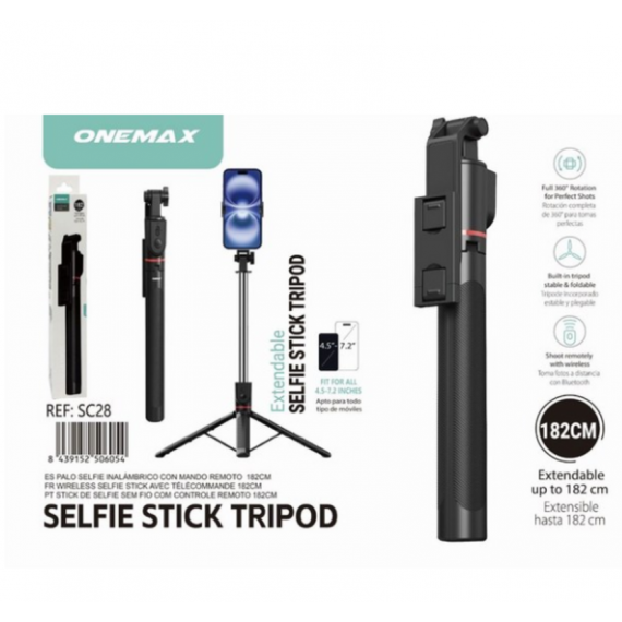 Palo Selfie Magnético con Trípode ONEMAX para Móvil 182CM Rotación Vertical Horizontal 360 SC28