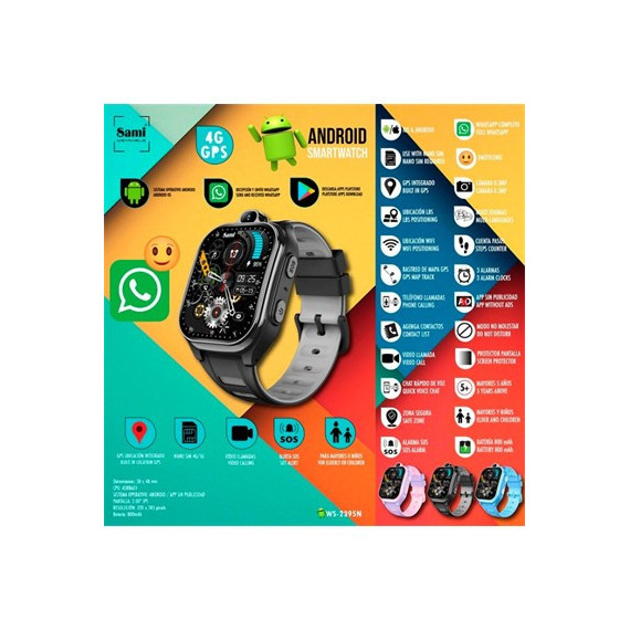 SAMI Reloj Smartwatch 4G G9S WS-2395 Junior Para Niños Android Whatsapp Negro