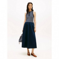GOLD BUTTON POPLIN MIX DRESS BRETON STRI