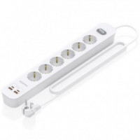 AISENS Regleta 6 Tomas de Corriente Blanco 6  Tomas de CORRIENTE/2 USB - 2 USB Tipo-c/cable 1.4M/