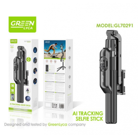 Palo Selfie AI Seguimiento Greenlyca 360° Rotación Horizontal 2.4GHz 180cm 1500mAh Batería USB-C Control Remoto GL70291