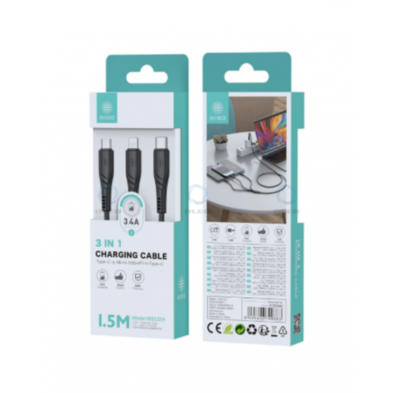 Cable Ikrea 3 en 1 Type-C a Micro USB/Lightning/Type-C 1.5M 3.4A Negro WB1334