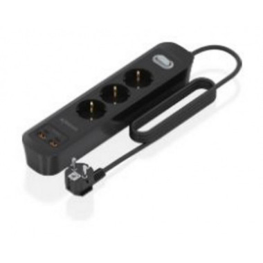 Regleta AISENS 3 Tomas, 2xUSB-C, 2xUSB-A, PD 3.0, QC 3.0, Cable 1.4m, Negra (ASPS-2A2C11-BK)
