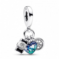 PANDORA Charm Colgante Triple en Plata de Ley Cámara, Corazón & Brújula 792703C01