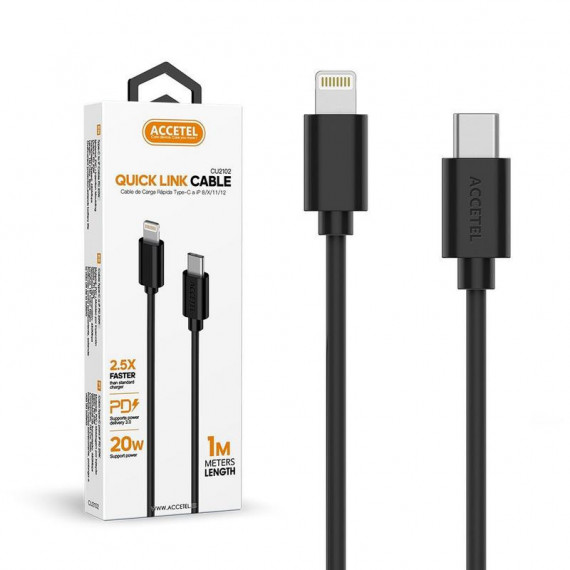 Cable de Datos Accetel Carga Rápida PD 20W USB-C a Lightning Negro (1m) CU2102