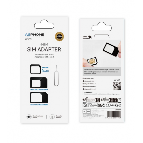 Adaptador Wephone SIM 4 en 1 Kit Nano Micro y SIM Estándar con Clip Expulsor