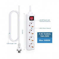 AIGOSTAR Regleta 4 Enchufes con Interruptor Blanco 1.5MTRS Cable