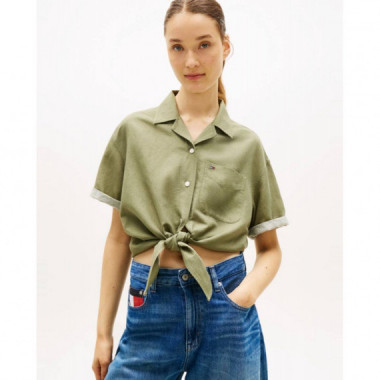 Tjw Tie Front Linen Shirt Bay Leaf  TOMMY JEANS