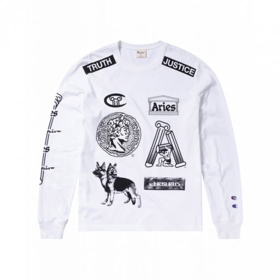 CHAMPION ROCHESTER Camisetas Hombre Camiseta Aries X Champion Sponsor de Manga Larga con Gráfico Unisex Blanco