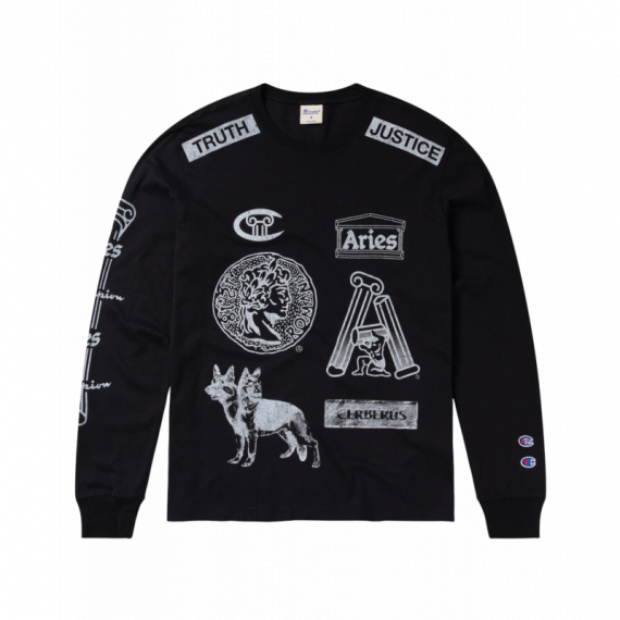 CHAMPION ROCHESTER Camisetas Hombre Camiseta Aries X Champion Sponsor de Manga Larga con Gráfico Unisex Negra