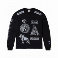 CHAMPION ROCHESTER Camisetas Hombre Camiseta Aries X Champion Sponsor de Manga Larga con Gráfico Unisex Negra
