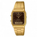 CASIO AQ-230GA-5AMQY Reloj Retro Doble Pantalla – Dorado con Esfera Marrón, Acero Inoxidable, Estilo Vintage, Wr
