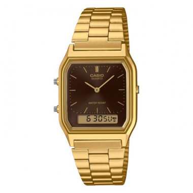 CASIO AQ-230GA-5AMQY Reloj Retro Doble Pantalla &ndash; Dorado con Esfera Marr&oacute;n, Acero Inoxidable, Estilo Vintage, Wr