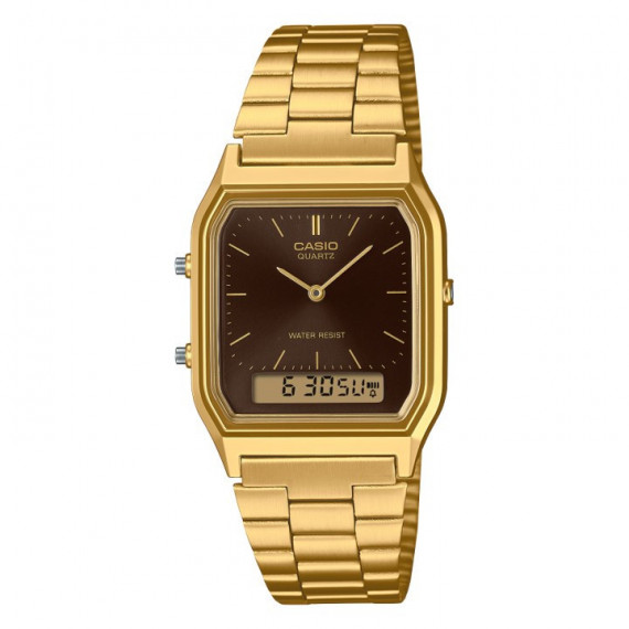 CASIO AQ-230GA-5AMQY Reloj Retro Doble Pantalla – Dorado con Esfera Marrón, Acero Inoxidable, Estilo Vintage, Wr