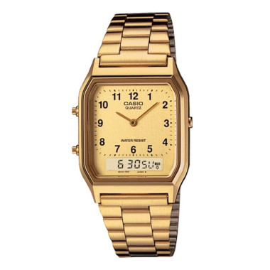CASIO AQ-230G-9B Reloj Doble Hora Dorado Hombre Vintage Cl&aacute;sico Anal&oacute;gico-digital Wr