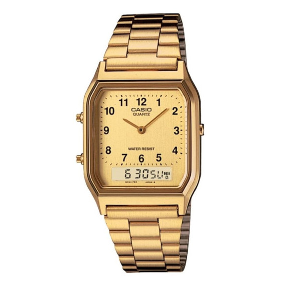CASIO AQ-230G-9B Reloj Doble Hora Dorado Hombre Vintage Clásico Analógico-digital Wr