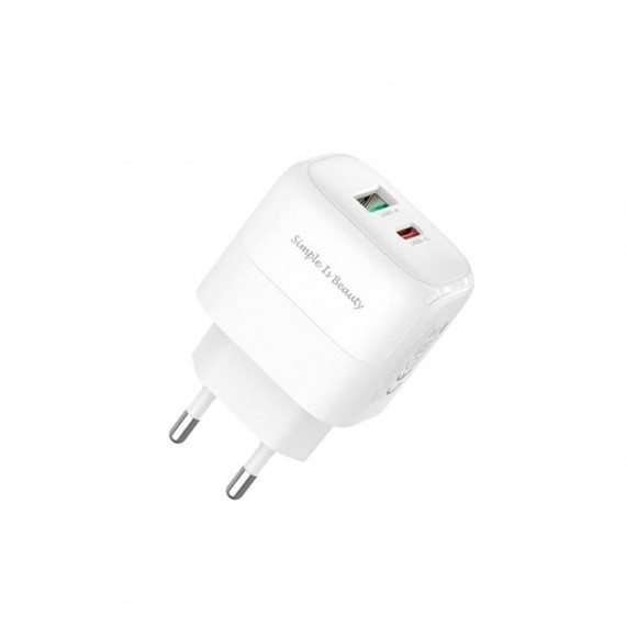 CARGADOR RAPIDO CON CABLE 1 USB-A + 1 USB-C 18W BLANCO XO