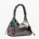 Desigual Bolso logo 3D asa fruncida metalizado mediano 25WAXPAS-9225