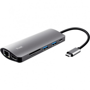 Hub Trust Dalyx USB-C 7 en 1 con HDMI, USB, MicroSD y RJ45 Plata