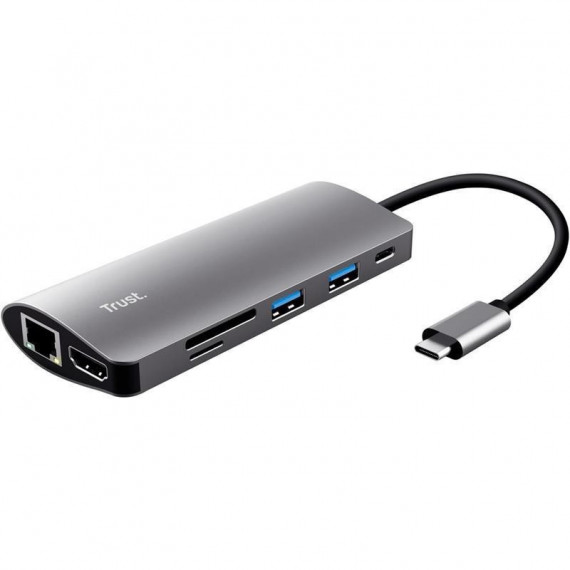Hub Trust Dalyx USB-C 7 en 1 con HDMI, USB, MicroSD y RJ45 Plata