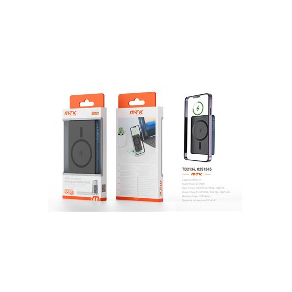 MTK Bateria Externa Portatil 6500mAh TD2134 2 En 1 Carga Inalambrica Y Magnetica
