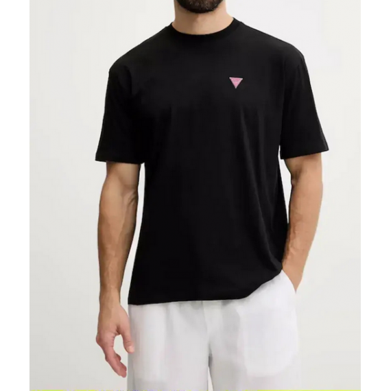 Camiseta Guess negra logotipo rosa