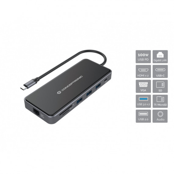 Docking Station CONCEPTRONIC 12EN1 Mst For Windows / HDMI X2 / VGA / Lan / Audio
